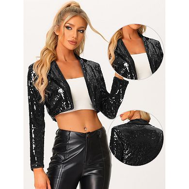 Open Front Blazer for Women's Notched Lapel Long Sleeve Sparkly Sequin ...