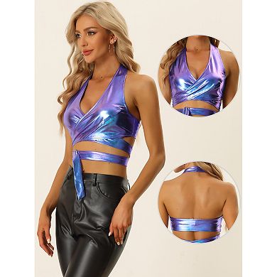 Women's Metallic Halter Neck Top Deep V Neck Backless Holographic Crop Tops