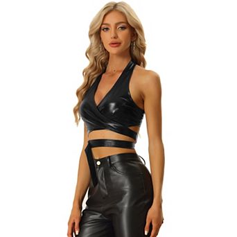 Women's Metallic Halter Neck Top Deep V Neck Backless Holographic Crop Tops