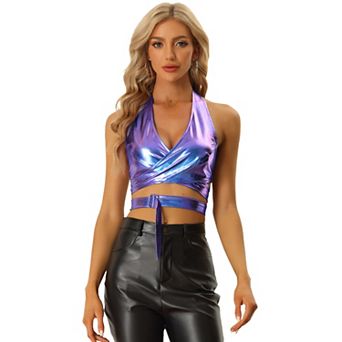 Women's Metallic Halter Neck Top Deep V Neck Backless Holographic Crop Tops