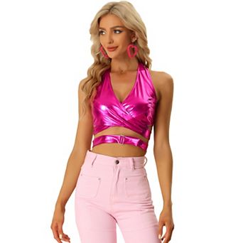 Women's Metallic Halter Neck Top Deep V Neck Backless Holographic Crop Tops