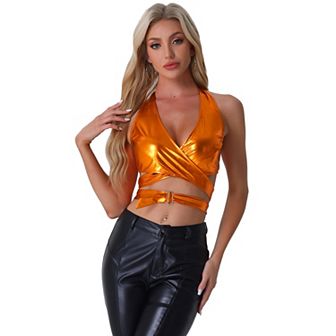 Women's Metallic Halter Neck Top Deep V Neck Backless Holographic Crop Tops