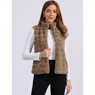 Fluffy Vest Jacket for Women's Stand Collar Warm Faux Fur Winter