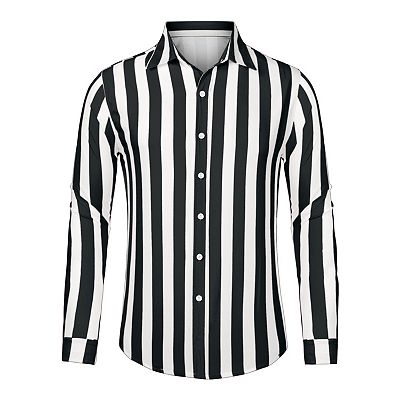 Mens black and white striped dress shirt long sleeve on sale