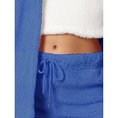 Womens Fuzzy Fleece 3 Piece Outfits Coat Jacket and Crop Top with Shorts Lounge Set