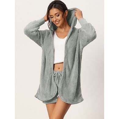 Womens Fuzzy Fleece 3 Piece Outfits Coat Jacket And Crop Top With Shorts Lounge Set