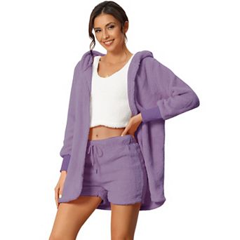 Womens Fuzzy Fleece 3 pc Outfits Coat Jacket And Crop Top With Shorts Lounge Set