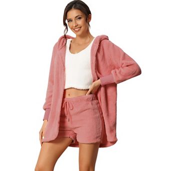 Womens Fuzzy Fleece 3 pc Outfits Coat Jacket And Crop Top With Shorts Lounge Set