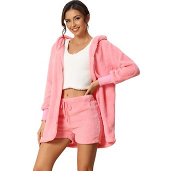 Womens Fuzzy Fleece 3 pc Outfits Coat Jacket And Crop Top With Shorts Lounge Set