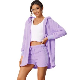 Womens Fuzzy Fleece 3 pc Outfits Coat Jacket And Crop Top With Shorts Lounge Set