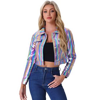 Women's Holographic Shiny Biker Button Down Metallic Jacket