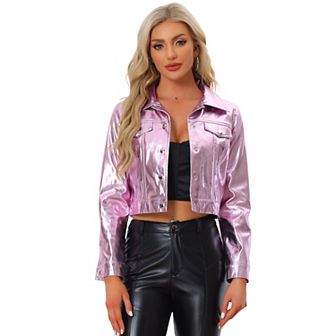 Women's Holographic Shiny Biker Button Down Metallic Jacket