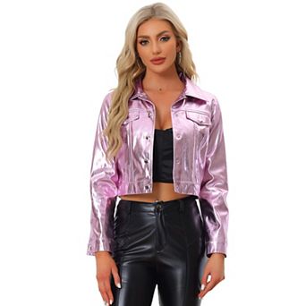 Women's Holographic Shiny Biker Button Down Metallic Jacket