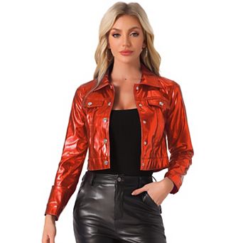 Women's Holographic Shiny Biker Button Down Metallic Jacket