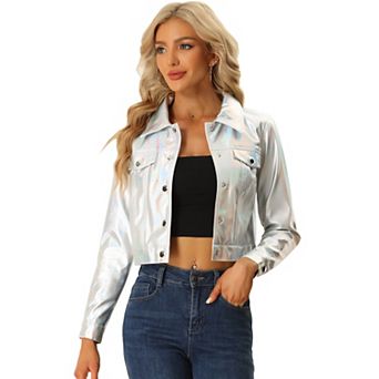 Women's Holographic Shiny Biker Button Down Metallic Jacket