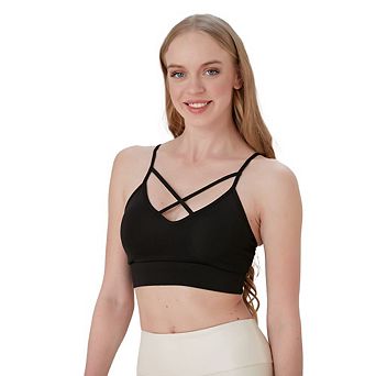 Juniors' Lightly Padded Workout Wear, Crisscross Front Plunge Neck Top
