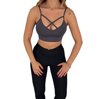 Juniors' Lightly Padded Workout Wear, Crisscross Front Plunge Neck Top