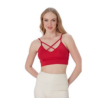 Juniors' Lightly Padded Workout Wear, Crisscross Front Plunge Neck Top
