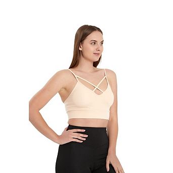 Juniors' Lightly Padded Workout Wear, Crisscross Front Plunge Neck Top