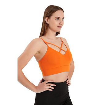 Juniors' Lightly Padded Workout Wear, Crisscross Front Plunge Neck Top