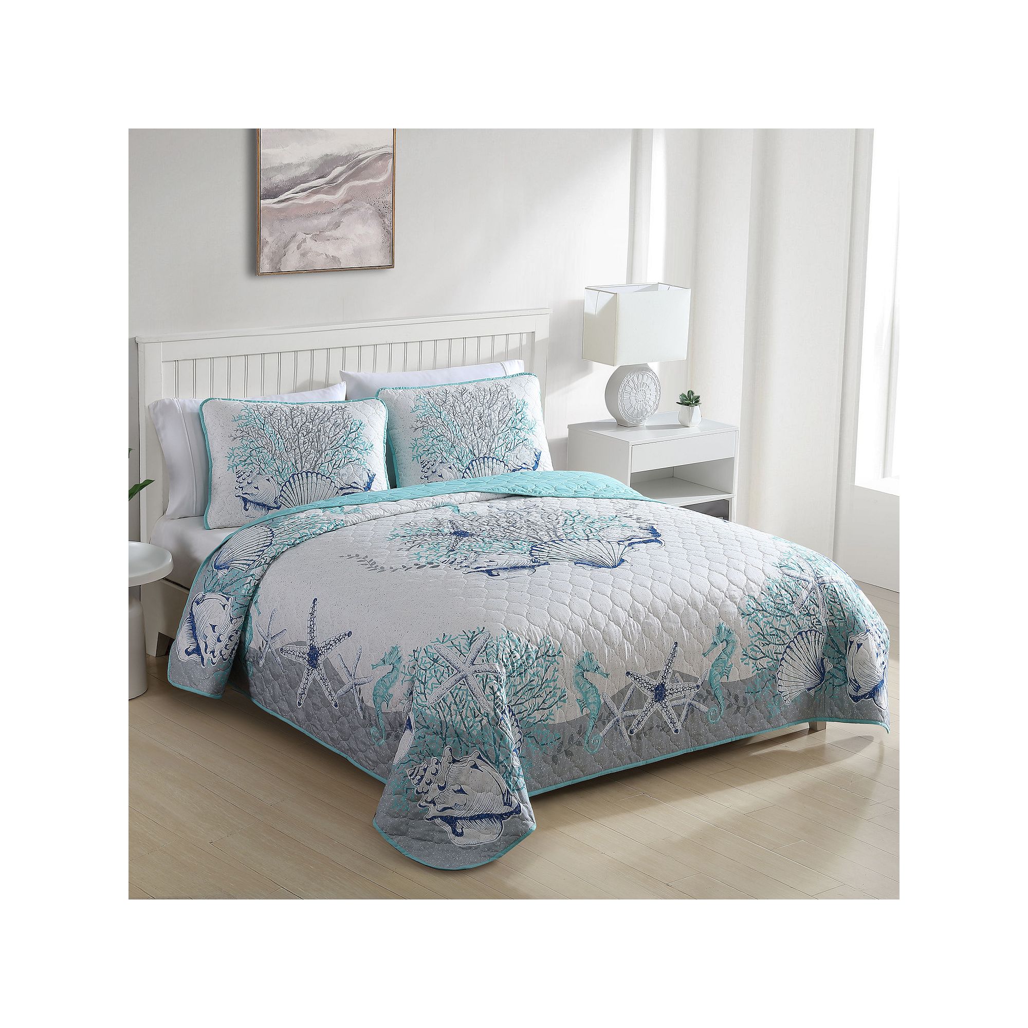 Caribbean Joe 3-Piece Coastal Quilt Set, Beach Delight Blue