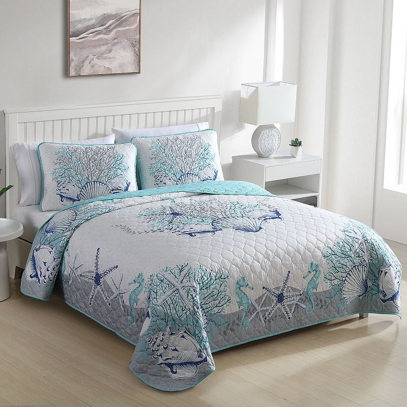 Caribbean Joe 3-Piece Coastal Quilt Set, Blue, Full/Queen