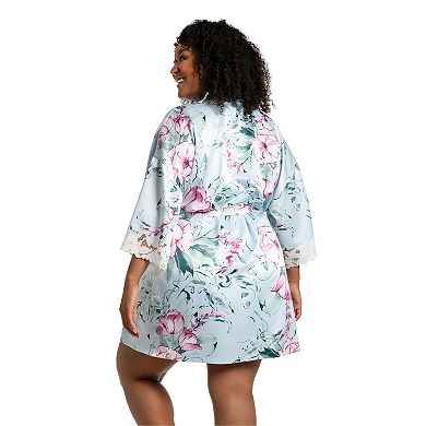 Plus Size Lilac+London Print Satin Wrapper Robe
