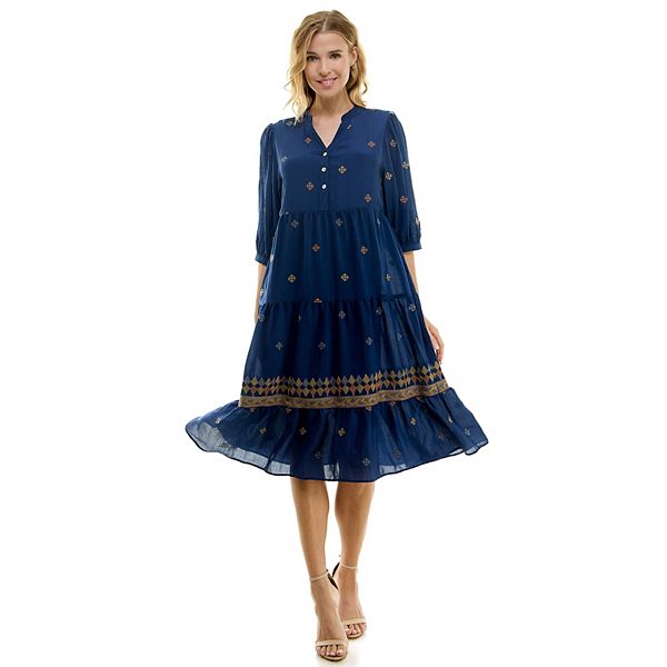 Star Embroidered Frog-Button Midi Pinafore Dress