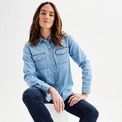 Womens Legendary All Purpose Solid Button Down Denim Shirt in Midwash