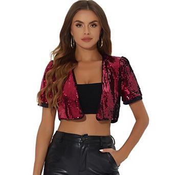 Sequin Shrug For Women's Short Sleeve Open Front Glitter Cropped Jackets