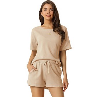 Women's Short Sleeve Pullover Top with Shorts Casual Waffle Knit Loungewear Set