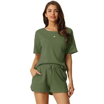 Women's Short Sleeve Pullover Top with Shorts Casual Waffle Knit Loungewear Set