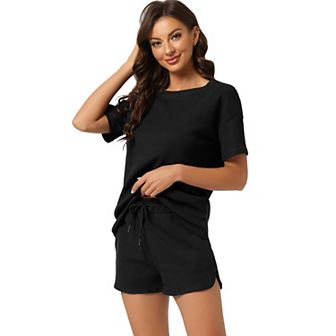 Women's Short Sleeve Pullover Top with Shorts Casual Waffle Knit Lounge Set
