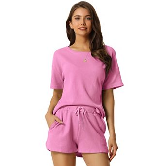 Women's Short Sleeve Pullover Top with Shorts Casual Waffle Knit Loungewear Set