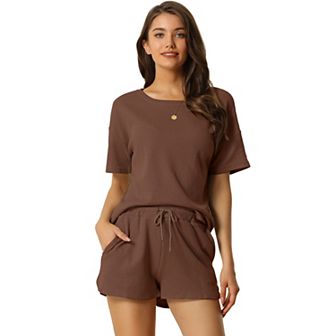 Women's Short Sleeve Pullover Top with Shorts Casual Waffle Knit Loungewear Set