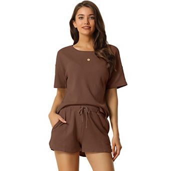 Women's Short Sleeve Pullover Top with Shorts Casual Waffle Knit Loungewear Set