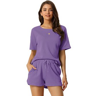 Women's Short Sleeve Pullover Top with Shorts Casual Waffle Knit Lounge Set