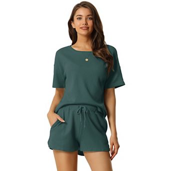 Women's Short Sleeve Pullover Top with Shorts Casual Waffle Knit Loungewear Set