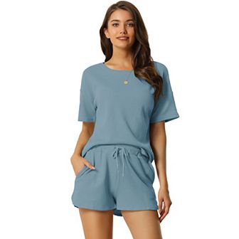 Women's Short Sleeve Pullover Top with Shorts Casual Waffle Knit Loungewear Set