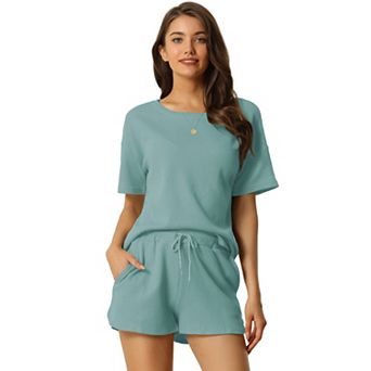 Women's Short Sleeve Pullover Top with Shorts Casual Waffle Knit Loungewear Set