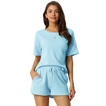 Women's Short Sleeve Pullover Top with Shorts Casual Waffle Knit Loungewear Set