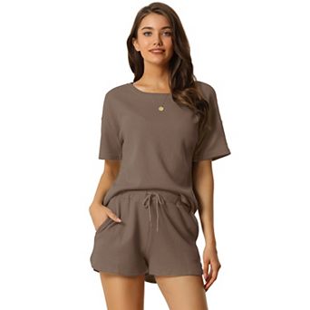 Women's Short Sleeve Pullover Top with Shorts Casual Waffle Knit Loungewear Set