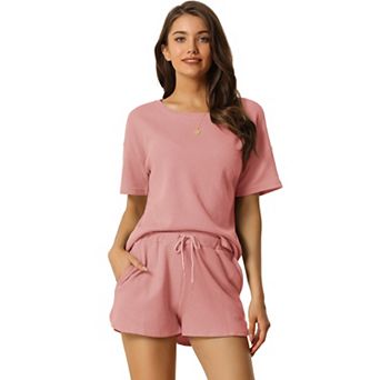 Women's Short Sleeve Pullover Top with Shorts Casual Waffle Knit Loungewear Set