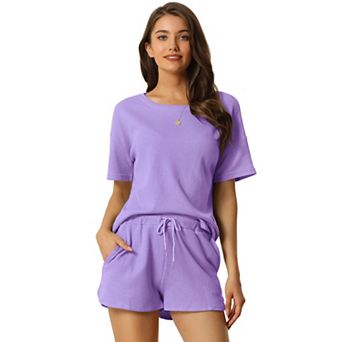 Women's Short Sleeve Pullover Top with Shorts Casual Waffle Knit Loungewear Set