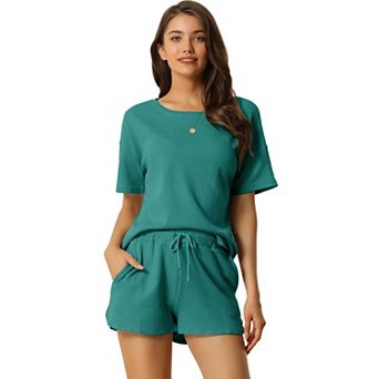 Women's Short Sleeve Pullover Top with Shorts Casual Waffle Knit Loungewear Set