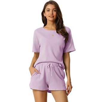 Women's Short Sleeve Pullover Top with Shorts Casual Waffle Knit Loungewear Set