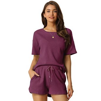 Women's Short Sleeve Pullover Top with Shorts Casual Waffle Knit Loungewear Set