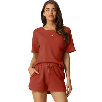 Women's Short Sleeve Pullover Top with Shorts Casual Waffle Knit Loungewear Set