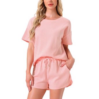 Women's Short Sleeve Pullover Top with Shorts Casual Waffle Knit Loungewear Set