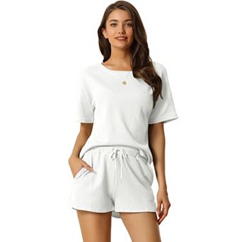 Women's Short Sleeve Pullover Top with Shorts Casual Waffle Knit Loungewear Set